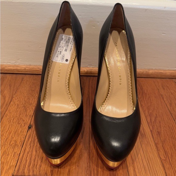 $1,100 Charlotte Olympia Dolly Black Leather pumps gold stilettos heels revolve - Picture 6 of 9